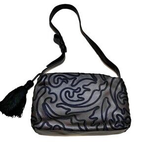 Sharif Brown Leather w/ Black Embroidery Detail Shoulder Bag